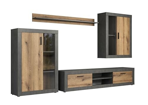 trendteam smart living - Salvada - Wohnwand (2 Vitrinen + 1 TV-Lowboard + Wandboard) - Matera/Evoke Eiche - (BxHxT) 285 x 188 x 40 cm - Wohnzimmermöbel für Fernseher bis 65" von trendteam smart living