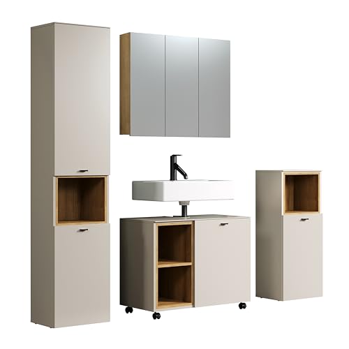 trendteam smart living - Sao Paulo - Badmöbel-Set - Kashmir (Beige)/Evoke Eiche - Hochschrank, Waschbeckenunterschrank, Standschrank, Spiegelschrank – (BxHxT) 180 x 186 x 42 cm – schwarze Metallgriffe von trendteam smart living