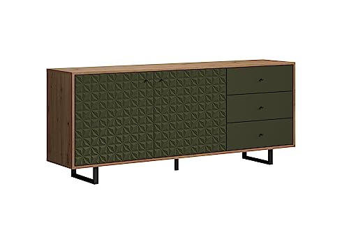 trendteam smart living - Sentra - Sideboard - Dunkelgrün/Eiche - Kommode mit 2 Türen und 3 Vollauszug Schubladen mit angesagter Fräsung - (BxHxT) 183 x 75 x 40 cm - schwarze Metall Griffe und Füße von trendteam smart living