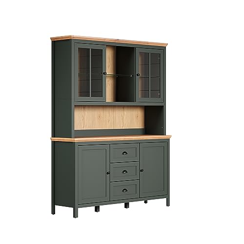 trendteam smart living - Stanton - Buffetschrank - Tannengrün/Evoke Eiche - Vitrine inklusive Beleuchtung mit 4 Türen, 3 Schubladen (BxHxT) 146 x 198 x 45 cm - Landhausstil von trendteam smart living