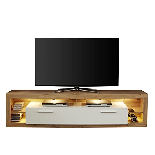 trendteam smart living - TV-Lowboard Fernsehschrank Fernsehtisch groß - Wohnen - Rock - Aufbaumaß (BxHxT) 200 x 48 x 44 cm - Farbe Wotan Eiche Weiß Hochglanz - 182685249 von trendteam smart living