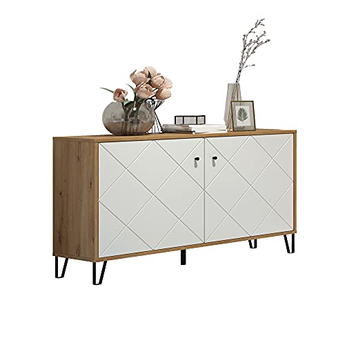 trendteam smart living - Touch - Sideboard - Artisan Eiche/Weiß - Kommode mit 2 Türen und 4 Fächern - (BxHxT) 123 x 76 x 40 cm - Wohnzimmerschrank mit modernen Metallfüßen - kratzfest von trendteam smart living