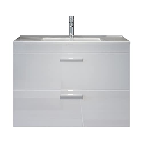 trendteam smart living - Devon - Badezimmerschrank - Weiß Hochglanz - Hängender Waschbeckenunterschrank mit 2 Schubladen inkl. Waschbecken - (BxHxT) 81 x 59 x 47 cm - mit silberfarbenen Griffen von trendteam smart living