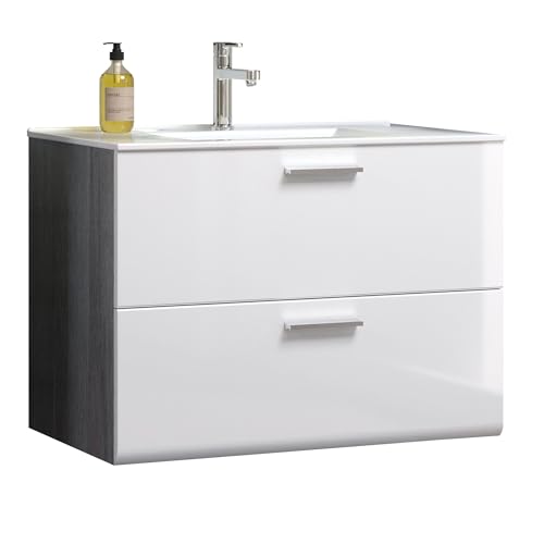 trendteam smart living - Riva - Waschbeckenunterschrank inkl. Keramik-Waschbecken - Rauchsilber/Weiß Hochglanz - Waschtisch hängend mit 2 Schubladen - (BxHxT) 82 x 59 x 47 cm - kratzfest von trendteam smart living