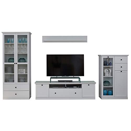 trendteam smart living - Baxter - Anbauwand - Weiß - 2X Vitrine, TV-Unterteil, Wandboard - (BxHxT) 369 x 196 x 41 cm - mit Glastüren, Sockel von trendteam smart living
