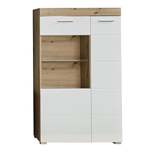 trendteam smart living Wohnzimmer Highboard Schrank Vitrine Amanda, 80 x 134 x 32 cm Front Weiß Hochglanz, Korpus und Absetzung Asteiche mit viel Stauraum von trendteam smart living