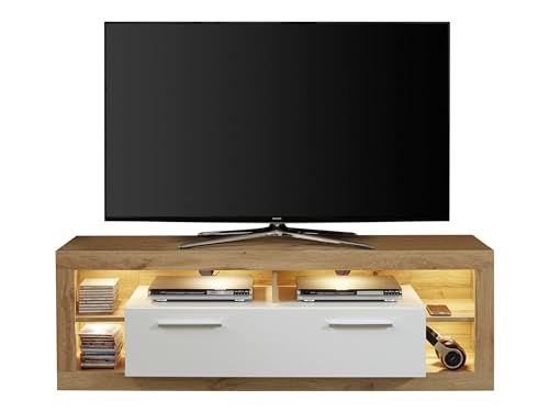 trendteam smart living - TV-Lowboard Fernsehschrank Fernsehtisch klein - Wohnen - Rock - Aufbaumaß (BxHxT) 150 x 48 x 44 cm - Farbe Wotan Eiche mit Weiß Hochglanz - 182685049 von trendteam smart living