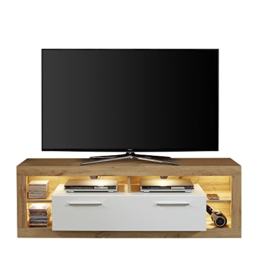 trendteam smart living - TV-Lowboard Fernsehschrank Fernsehtisch klein - Wohnen - Rock - Aufbaumaß (BxHxT) 150 x 48 x 44 cm - Farbe Wotan Eiche mit Weiß Hochglanz - 182685049 von trendteam smart living