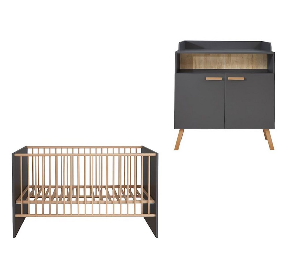trendteam Babymöbel-Set, Babyzimmer-Set Babybett und Wickelkommode mit Wickelaufsatz in Grau von trendteam