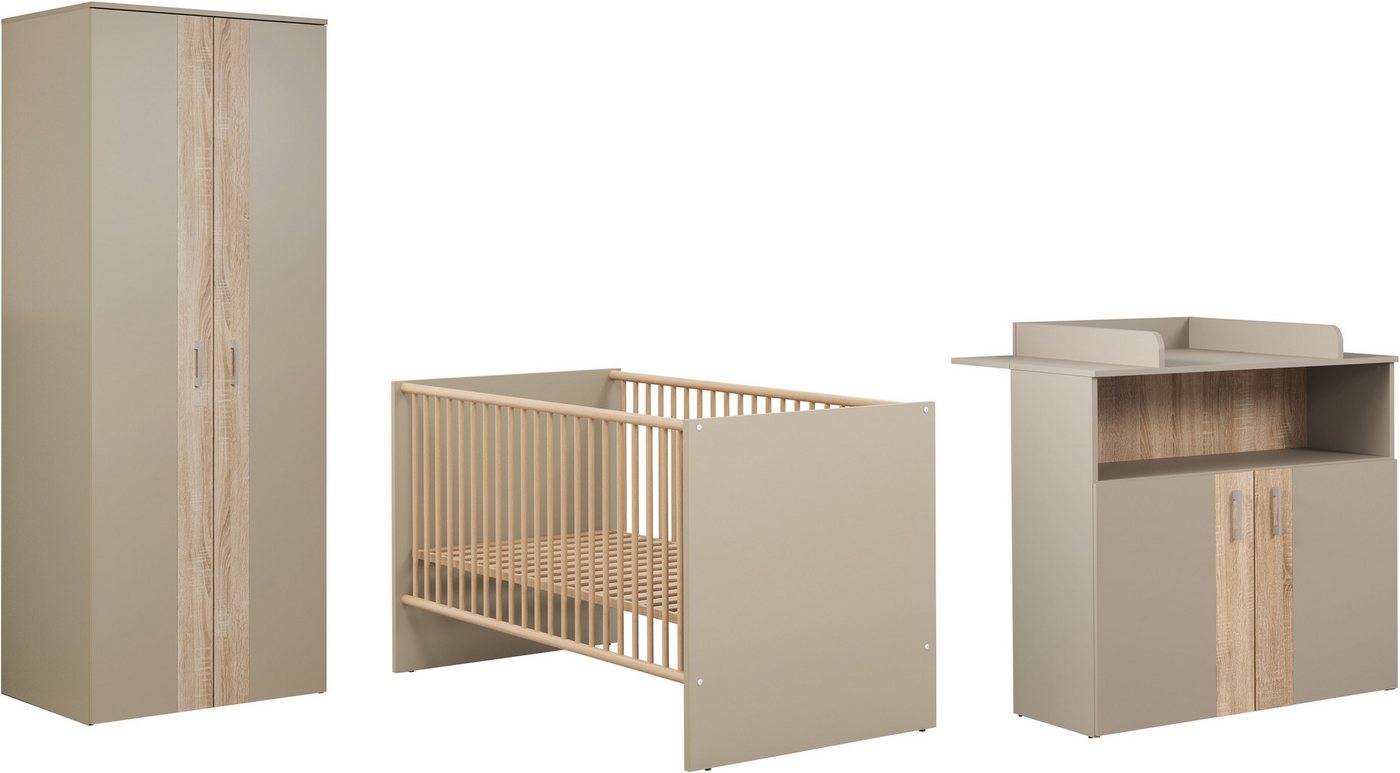 trendteam Babymöbel-Set Beja, (Set, 3-tlg), Gitterbett, Wickelkommode und Kleiderschrank - silberfarbene Griffe von trendteam