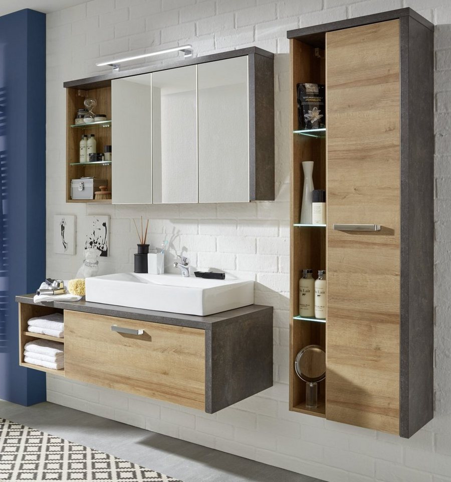 trendteam Badmöbel-Set Bay, (Komplett-Set, 3-teilig mit Spiegelschrank, Waschtisch und Hänge-Hochschrank), Mit Soft-Close-Funktion von trendteam