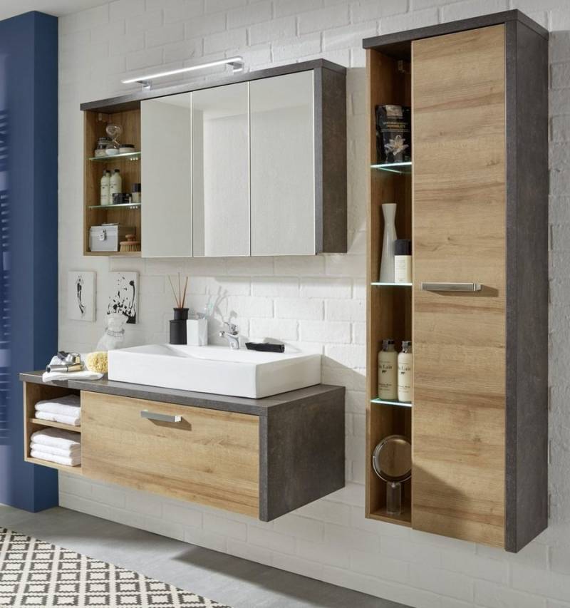 trendteam Badmöbel-Set Bay, (Komplett-Set, 3-teilig mit Spiegelschrank, Waschtisch und Hänge-Hochschrank), Mit Soft-Close-Funktion von trendteam