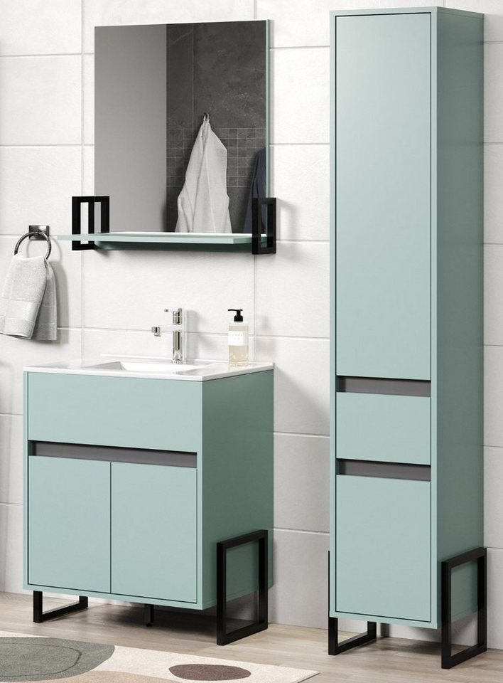 trendteam Badmöbel-Set Matix, (Badezimmer in Dusk Blue mit Anthrazit, 110 x 190 cm), komplett mit Waschbecken von trendteam