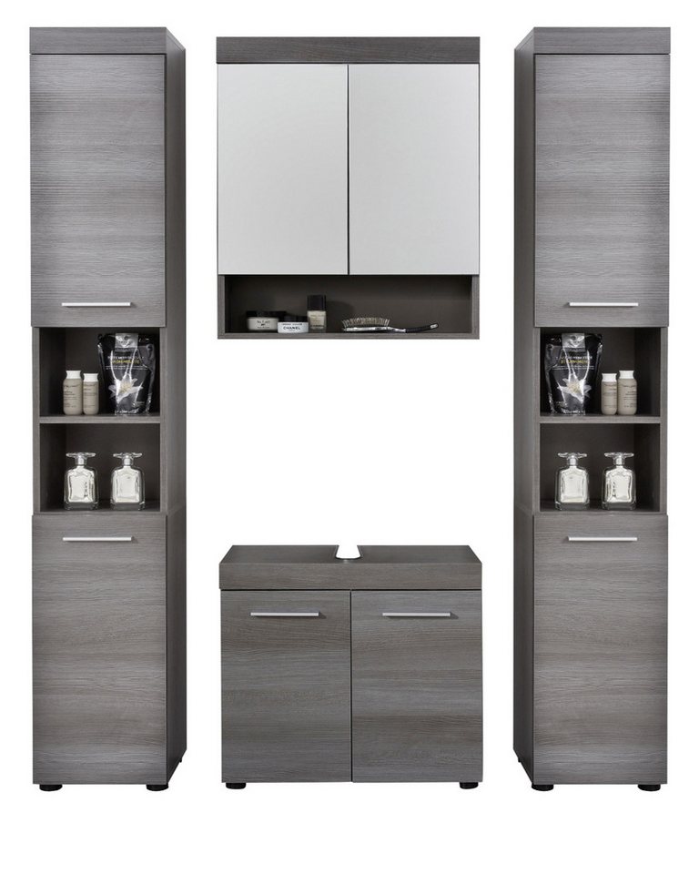 trendteam Badmöbel-Set Runner, (Badezimmer 4-teilig in grau Rauchsilber, 150 x 190 cm), Set mit 2x Hochschrank von trendteam