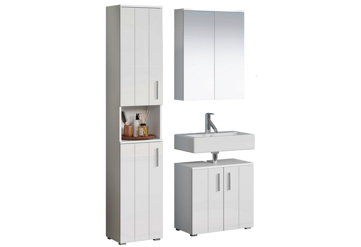 trendteam Badmöbel-Set Wons, Badezimmermöbel Waschbeckenunterschrank Spiegelschrank Hochschrank von trendteam