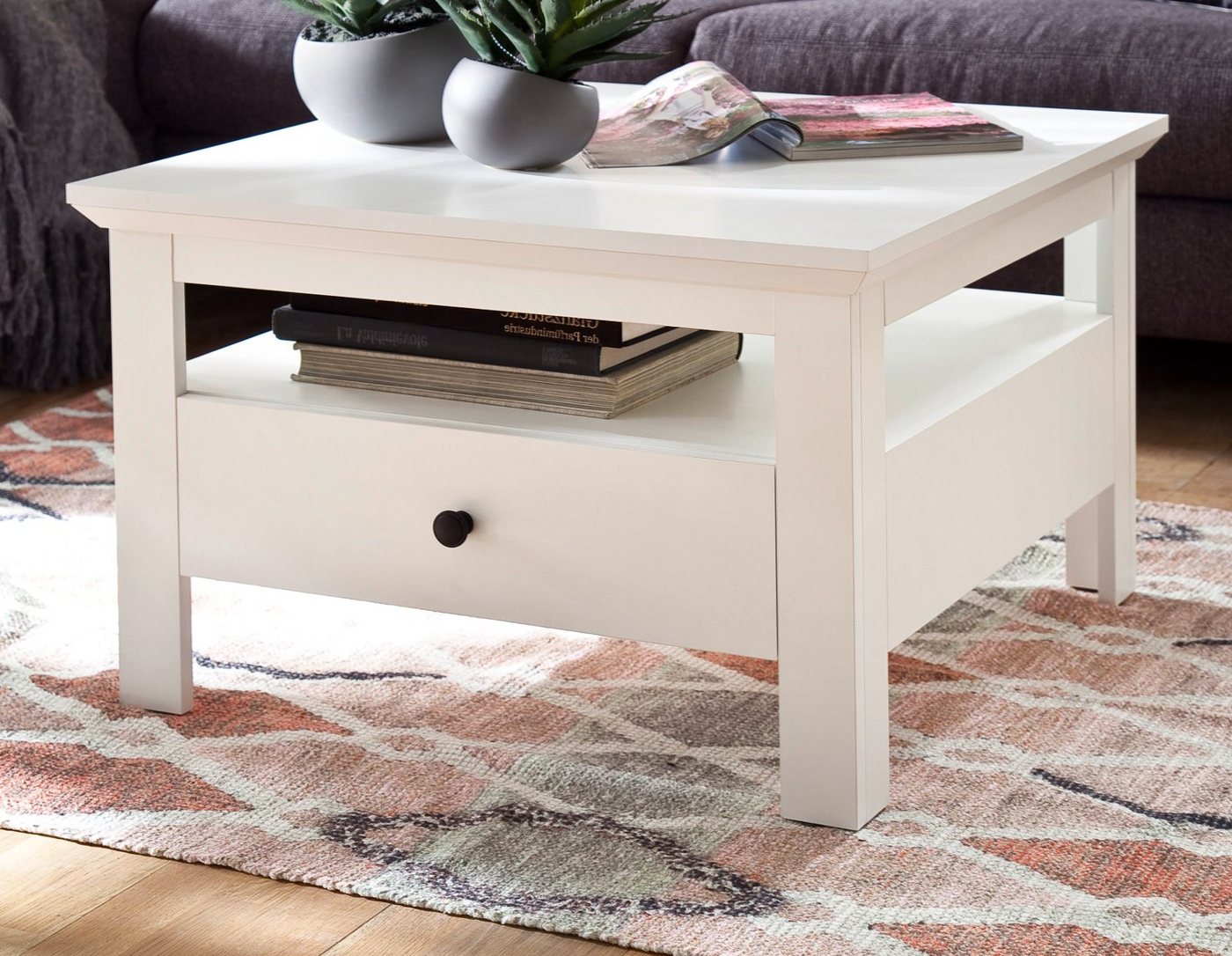 trendteam Couchtisch Baxter (Wohnzimmertisch in weiß Landhaus, 70 x 70 cm), mit Ablage und Schubkasten von trendteam