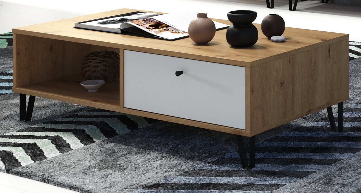 Furn.Design Couchtisch Tough (Wohnzimmer Tisch Eiche Artisan und weiß, 110 x 60 cm), mit Schubladen und Stauraum von Furn.Design