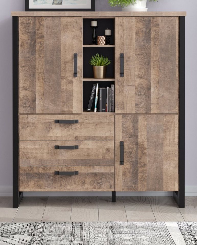 trendteam Highboard Emile (Schrank in Eiche Tabak und schwarz, 138 X 155 cm), mit 3 Schubladen, mit 11 Fächern von trendteam