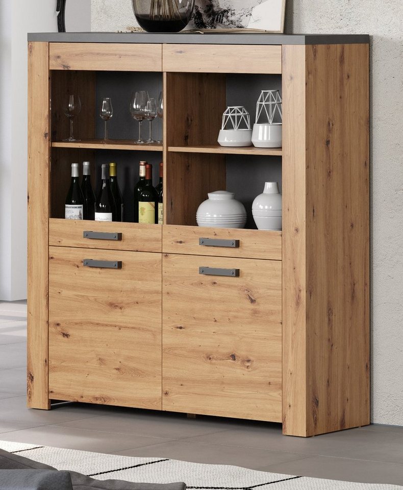 Furn.Design Highboard Follow (Schrank in Eiche Artisan mit grau, 127 x 139 cm), mit 8 Fächern von Furn.Design