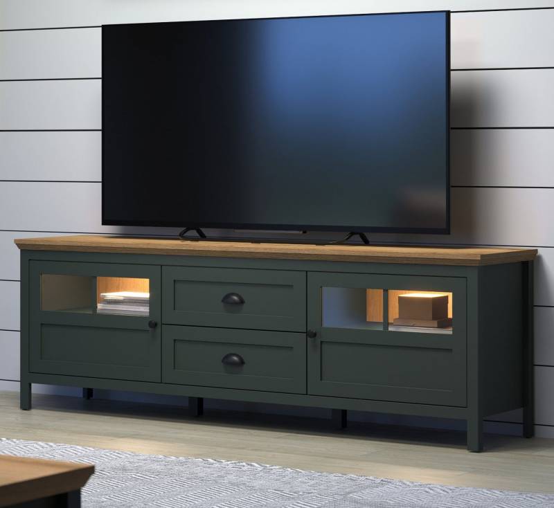 Furn.Design Lowboard Stanton (TV Unterschrank in Landhaus grün mit Eiche, Breite 186 cm), mit LED Beleuchtung von Furn.Design