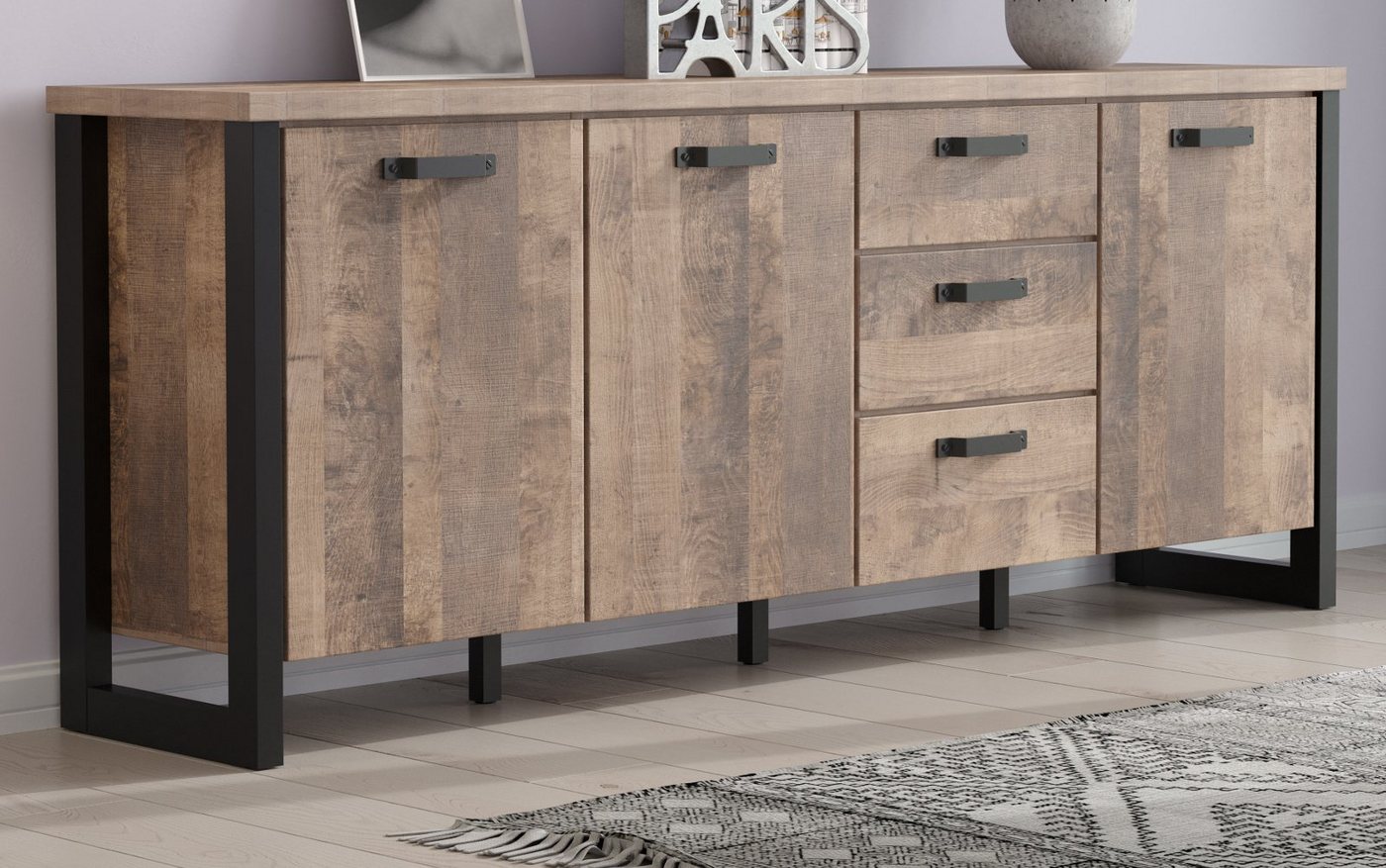 trendteam Sideboard Emile (Anrichte in Eiche Tabak und schwarz, 214 x 86 cm), mit viel Stauraum von trendteam