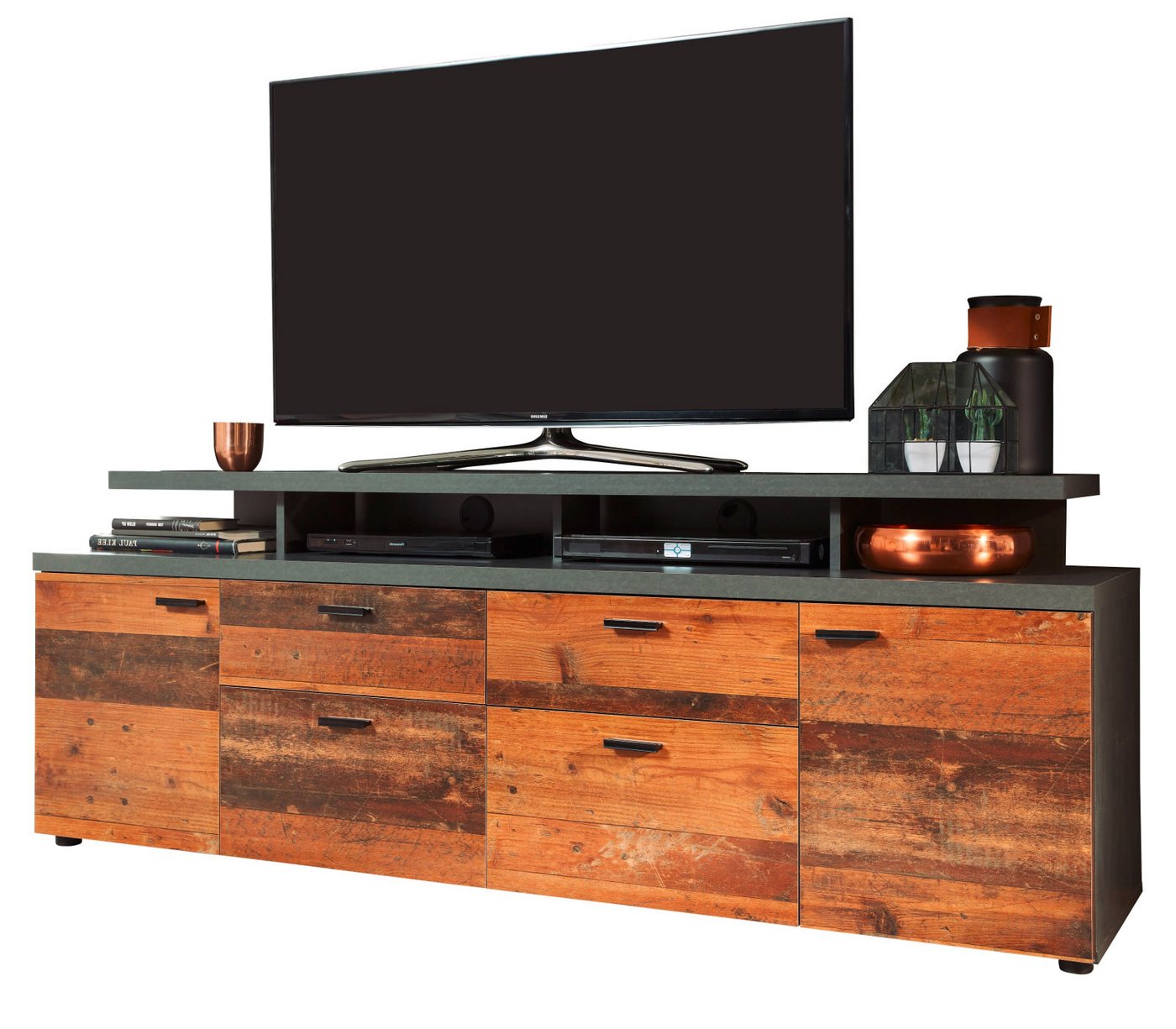 trendteam Lowboard Mood (TV Board in Used Wood Shabby und grau, 180 x 66 cm), viel Stauraum, mit Podest von trendteam