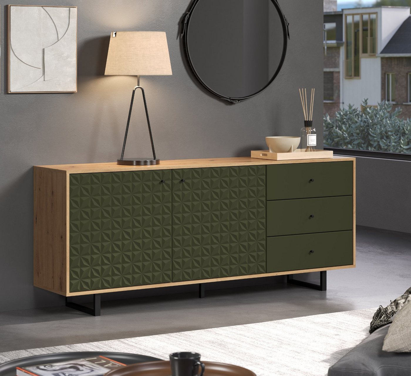 trendteam Sideboard Sentra (Anrichte in Eiche Artisan mit grün oder blau, 183 x 75 cm), Soft-Close-Funktion von trendteam