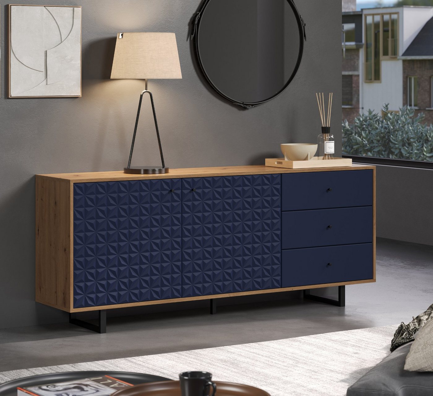 trendteam Sideboard Sentra (Anrichte in Eiche Artisan mit grün oder blau, 183 x 75 cm), Soft-Close-Funktion von trendteam