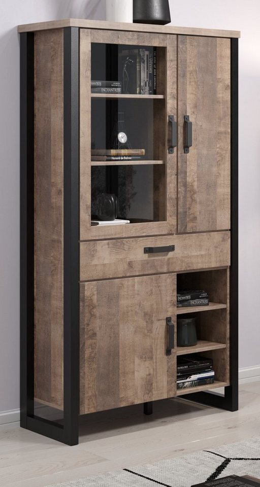 trendteam Stauraumvitrine Emile (Vitrinenschrank Eiche Tabak und schwarz, 106 x 195 cm) 11 Fächer von trendteam