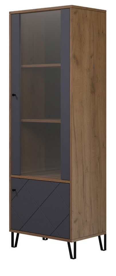 trendteam Stauraumvitrine Montez (Vitrine in Eiche Kraft Gold mit grau, 63 x 172 cm) mit Fräsungen in Rautenoptik von trendteam