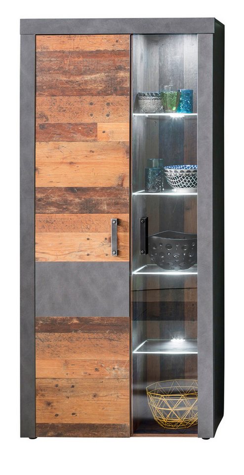 trendteam Vitrine Indy (Vitrinenschrank in Used Wood Dekor, 10 Fächer, 87 x 189 cm) inklusive Beleuchtung von trendteam