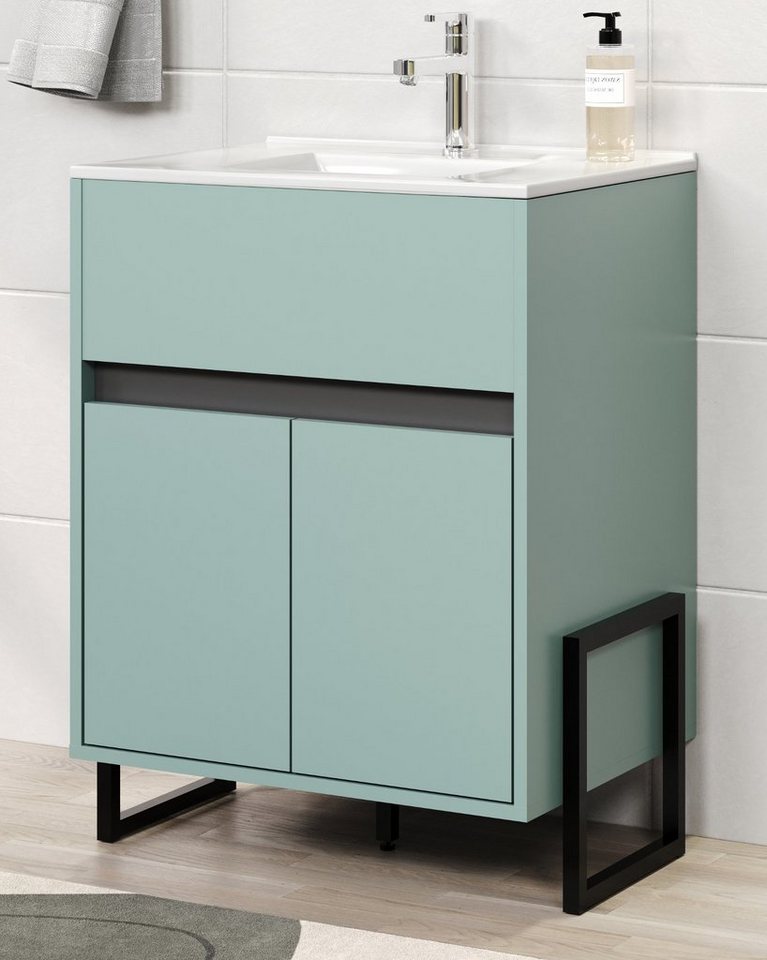 trendteam Waschtisch Matix (in Dusk Blue, Metallgestell Anthrazit, 60 x 80 cm), mit Keramik-Waschbecken von trendteam