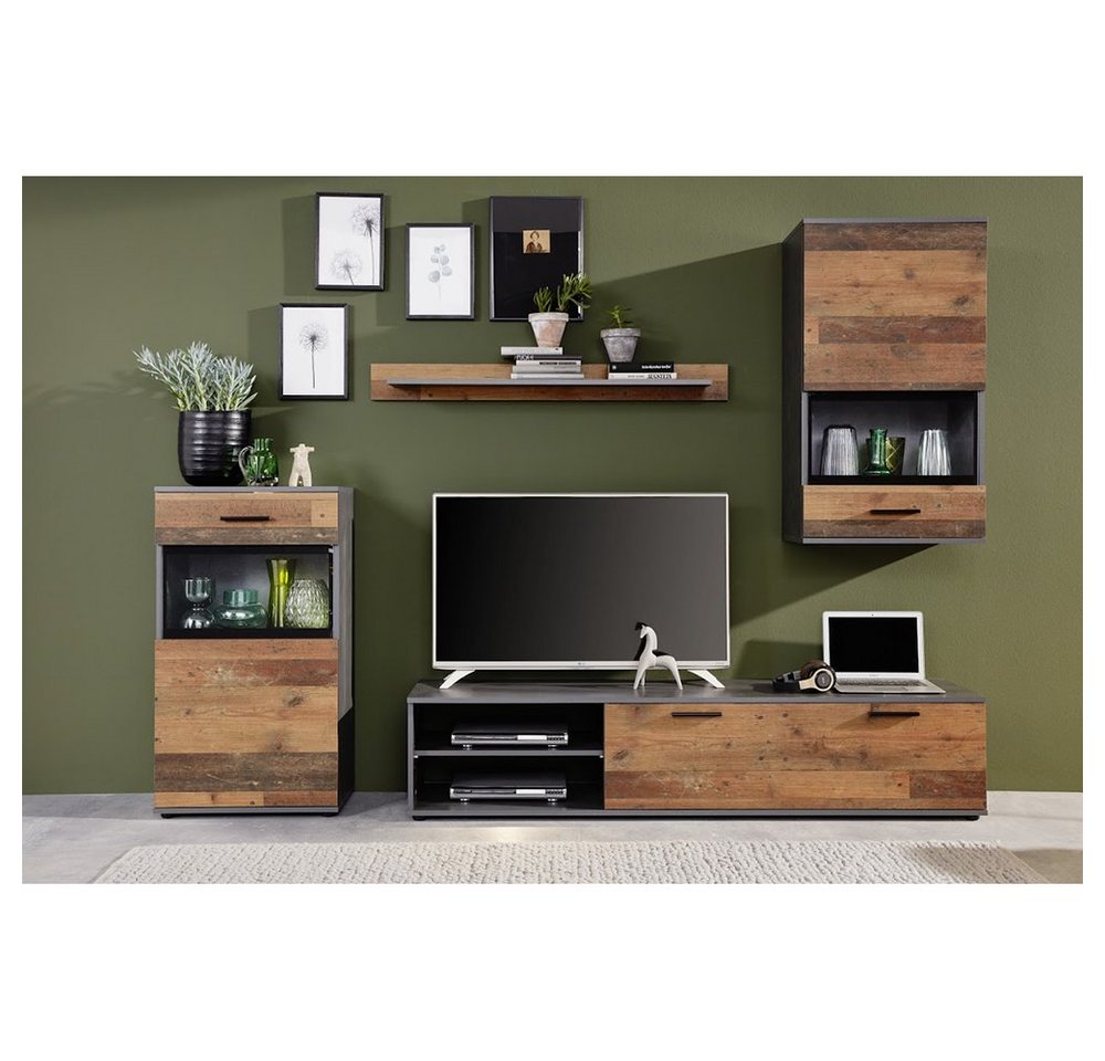 trendteam Wohnwand Mango, Anbauwand Schrankwand Braun/Grau Old Wood Matera 246x182x37 cm von trendteam