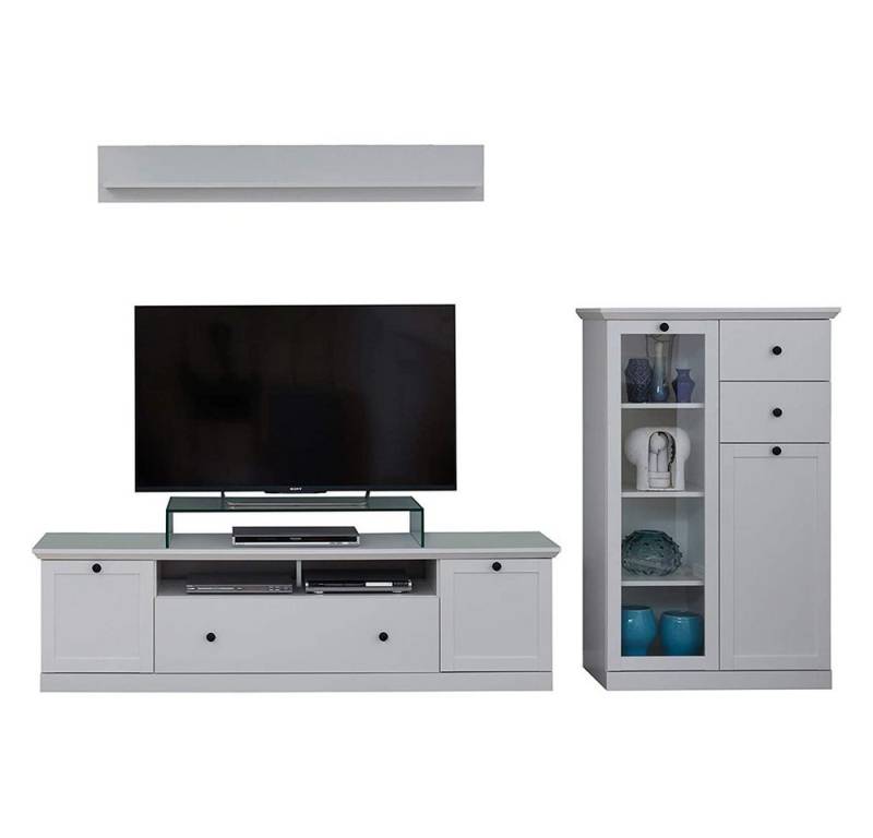 trendteam Wohnwand, Anbauwand Wandboard TV-Lowboard Wohnkombi Hängeschrank Vitrine Weiß von trendteam