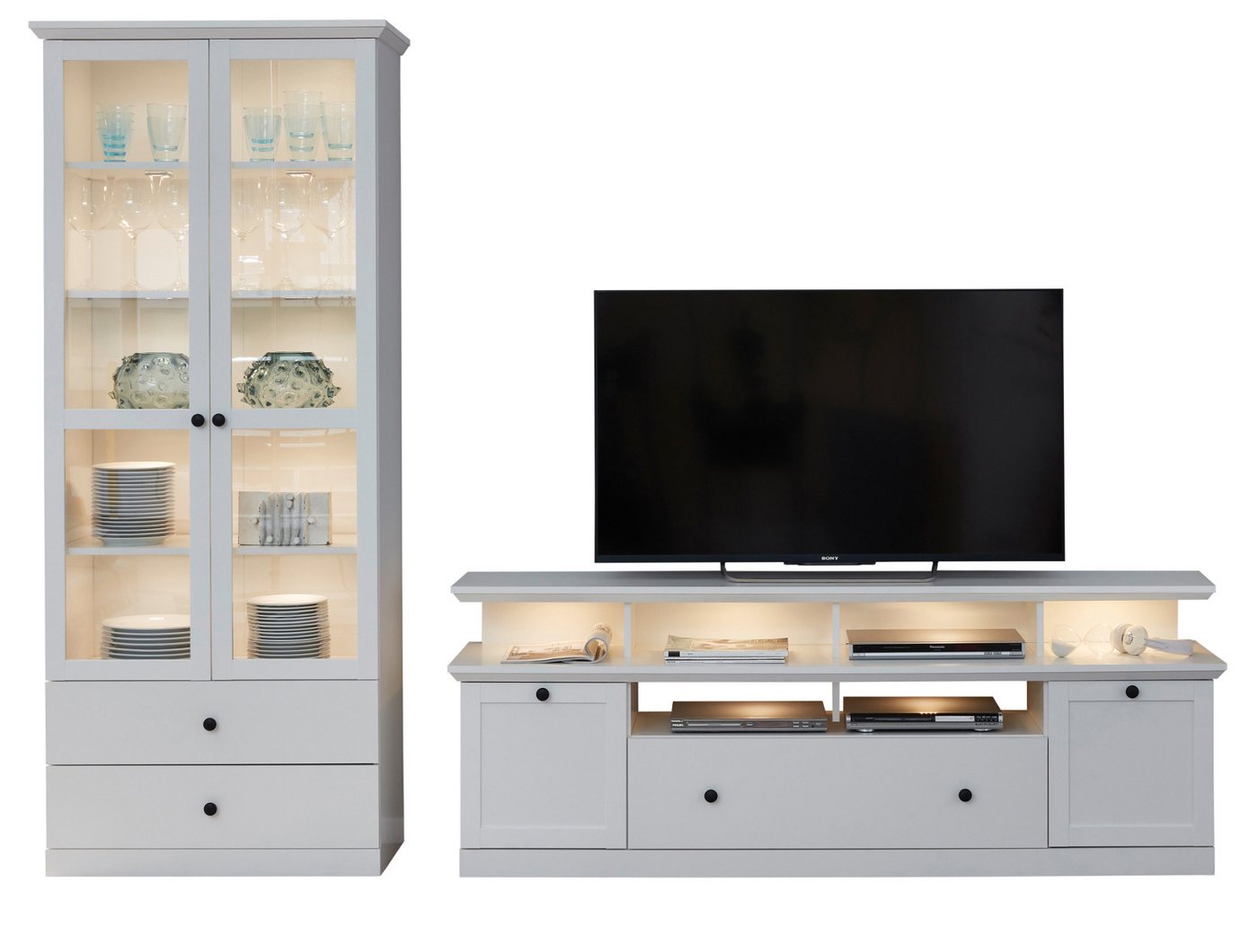trendteam Wohnwand Baxter, (Wohnzimmer Set in weiß Landhaus, 3-teilig, 270 x 196 cm), mit großem TV Lowboard von trendteam