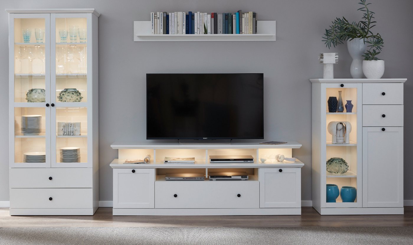 trendteam Wohnwand Baxter, (in Landhaus weiß, Komplett-Set 4-teilig, 370 cm), mit großem TV Lowboard von trendteam