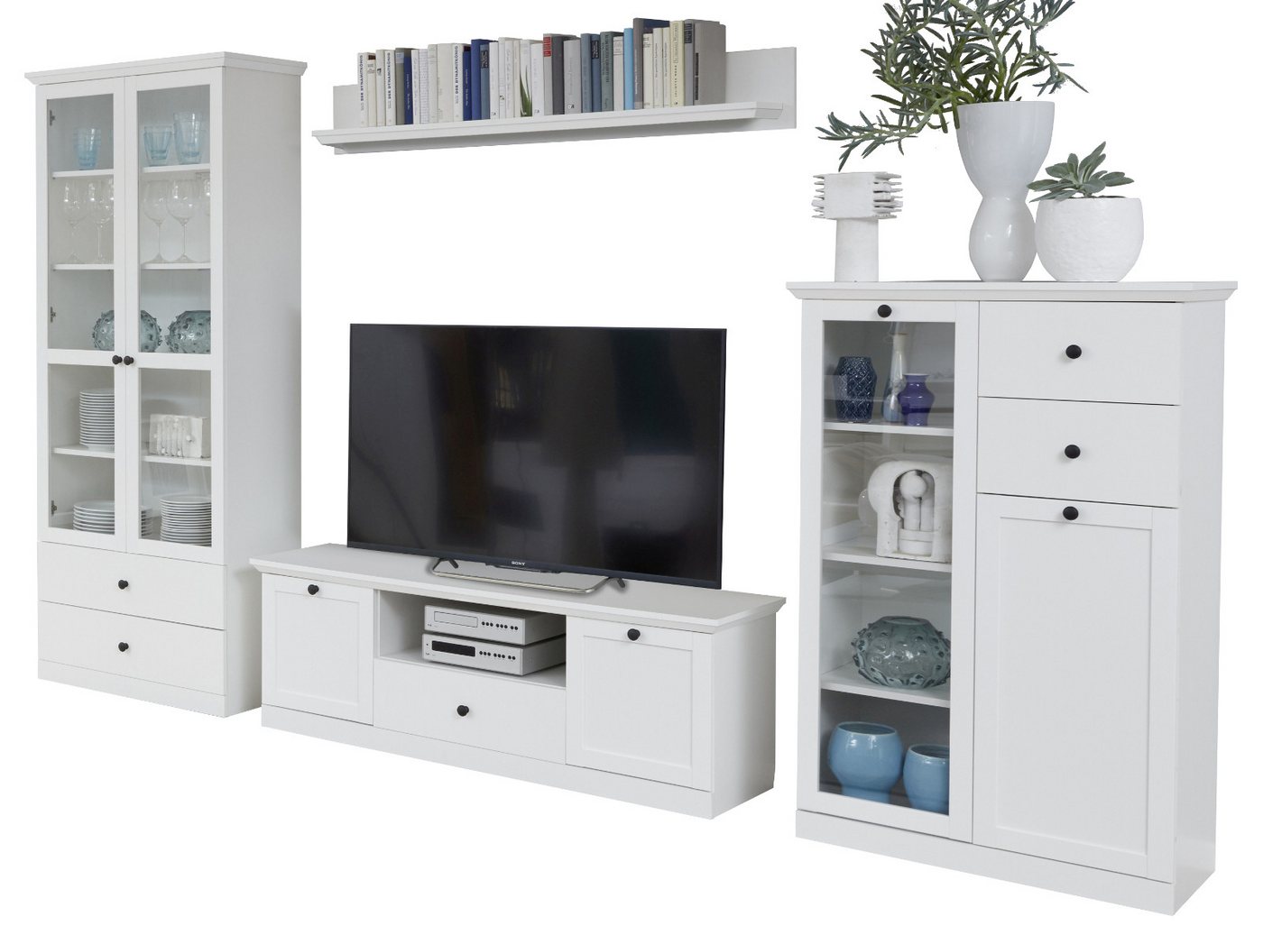 trendteam Wohnwand Baxter, (in weiß Landhaus, Komplett-Set 4-teilig, 365 x 195 cm), mit Vitrinenschrank von trendteam