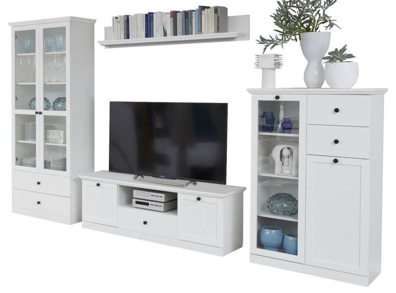 trendteam Wohnwand Baxter, (in weiß Landhaus, Komplett-Set 4-teilig, 365 x 195 cm), mit Vitrinenschrank von trendteam