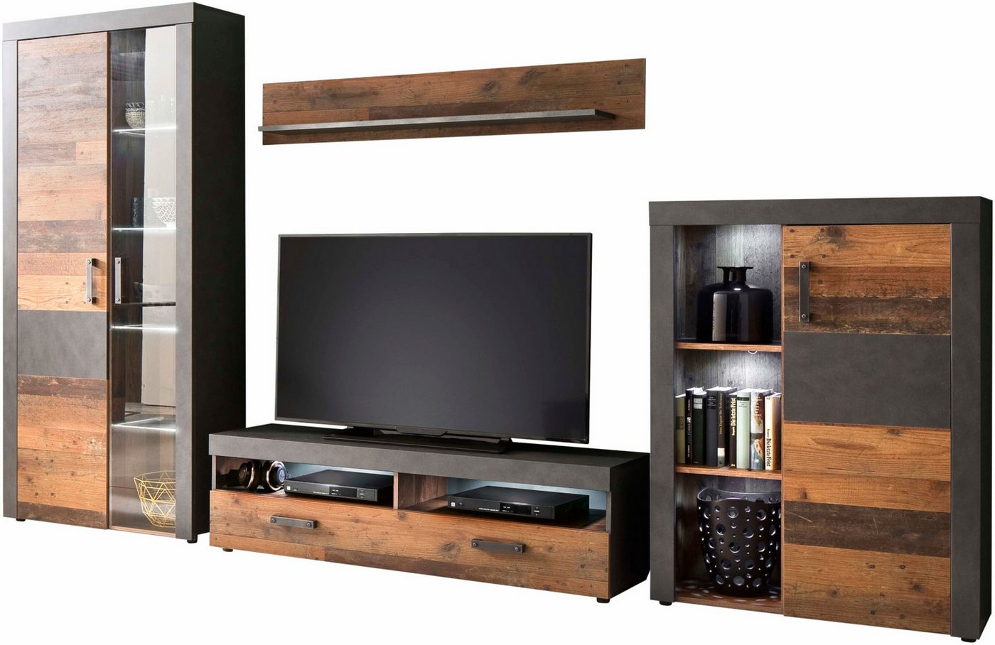 trendteam Wohnwand Indy, (Wohnzimmer Set 4-teilig, Old Used Wood Design), inkl. LED Beleuchtung von trendteam