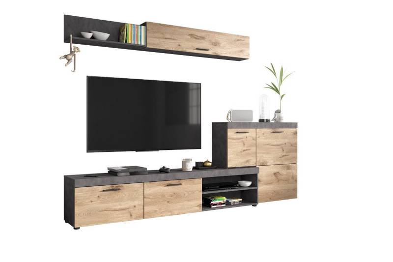 trendteam Wohnwand Wohnwand Anbauwand Swift, 3-teilig, matera grau / Nox Oak, (3-St) von trendteam