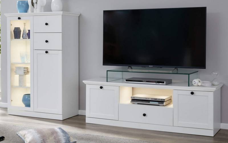 trendteam Wohnzimmer-Set Baxter, (Set mit Highboard und TV-Lowboard), Weiß matt, 10 Fächer und 3 Schubladen von trendteam