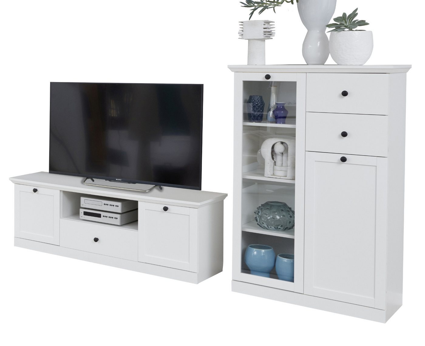 trendteam Wohnzimmer-Set Baxter, (in Landhaus weiß, Set mit Highboard und TV-Lowboard), 10 Fächer und 3 Schubladen von trendteam