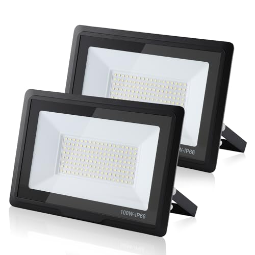 treoir 100w Flutlichtstrahler: 6000K Kaltweiß Superhell 10000LM IP66 Wasserdichter led strahler für Hinterhof/Stadion/Werkstatt Außenbeleuchtung (2pcs, 100W) von treoir