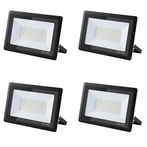 treoir 100w Flutlichtstrahler: 6000K Kaltweiß Superhell 10000LM IP66 Wasserdichter led strahler für Hinterhof/Stadion/Werkstatt Außenbeleuchtung (4pcs, 100W) von treoir