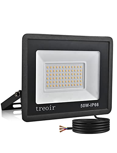 treoir LED Strahler Außen 50W, LED Fluter 5000LM Superhell LED Scheiwerfer Flutlicht, 3500K Warmweiß IP66 Wasserfest LED Außenstrahler für Hinterhof, Auffahrt, Garage, Flur, Garten von treoir