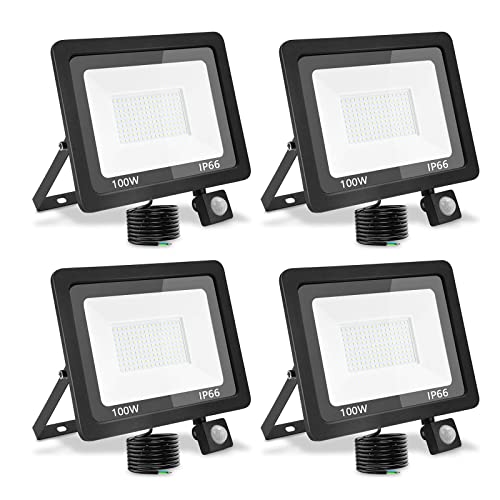 treoir LED-Außenstrahler mit Bewegungsmelder, 100 W, 10000 lm, warmweiß, 3500 K, IP66, wasserdicht, LED-Spot für Garten, Garage, Hof (Warmweiß, 4 Stück, 100 W) von treoir