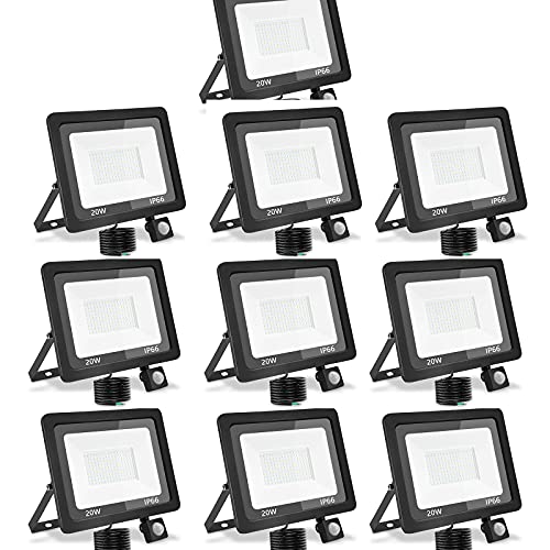 treoir LED Strahler Außen mit Bewegungsmelder 20W, Superhell 2000LM Led Außenstrahler 6000K LED Fluter Flutlicht, IP66 Wasserdicht LED Scheinwerfer für Garten,Garage,Hof(Kaltes Weiß-10pcs,20W) von treoir