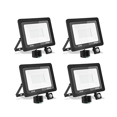 treoir LED Strahler Außen mit Bewegungsmelder 20W, Superhell 2000LM Led Außenstrahler 6000K LED Fluter Flutlicht, IP66 Wasserdicht LED Scheinwerfer für Garten,Garage,Hof(Kaltes Weiß-4pcs,20W) von treoir