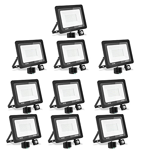 treoir LED-Projektor mit Bewegungsmelder, 30 W, LED-Außenstrahler, IP66, für Garten, Garage, Hof (10 Stück, Warmweiß, 30 W) von treoir