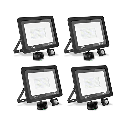 treoir LED Strahler Außen mit Bewegungsmelder 30W, Superhell 3000LM Led Außenstrahler 3500K LED Fluter Flutlicht, IP66 Wasserdicht LED Scheinwerfer für Garten,Garage,Hof(Warmweiß-4pcs,30W) von treoir